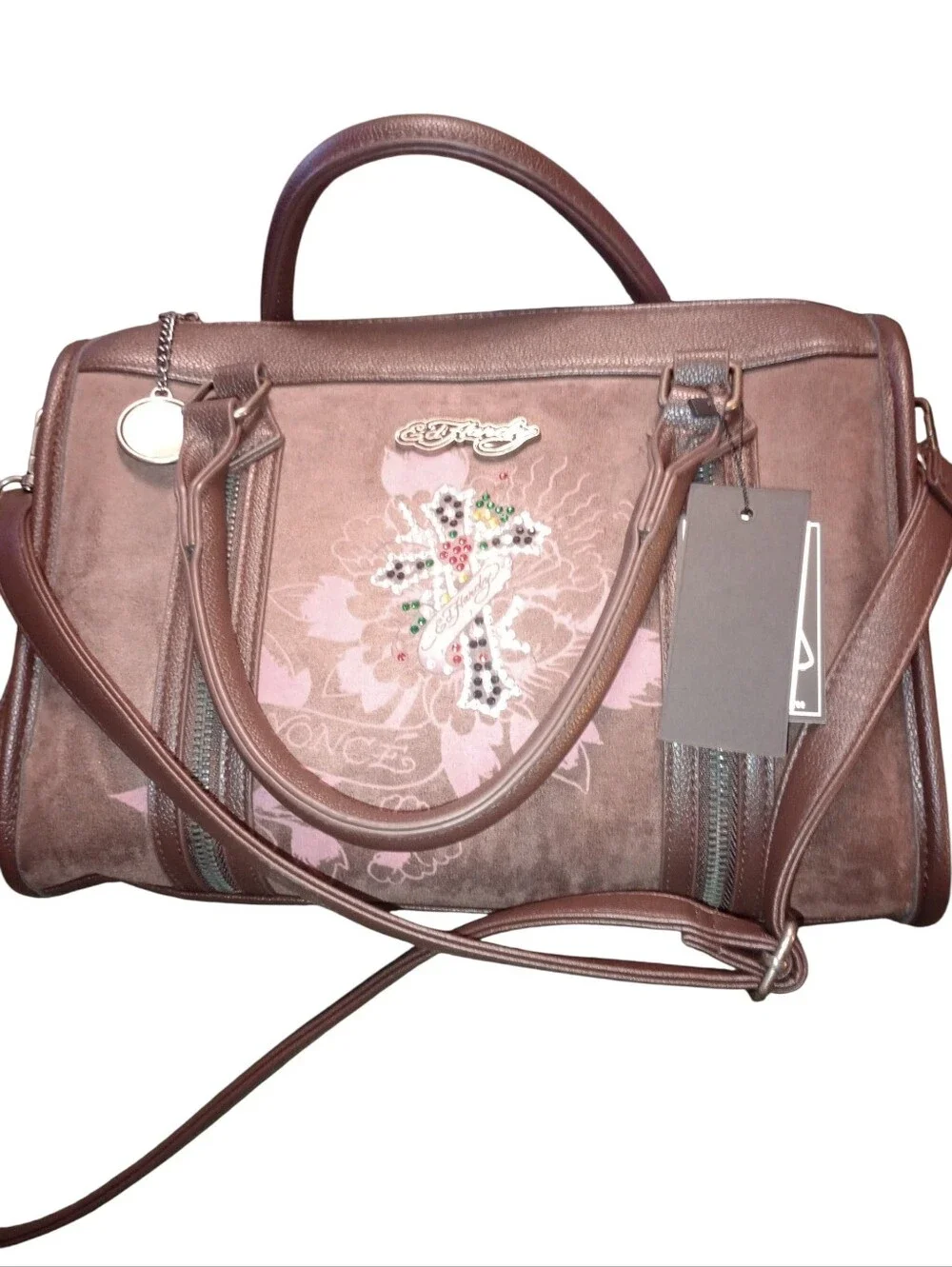 Ed Hardy Brown & Pink Floral Accent Satchel Handbag, NWT